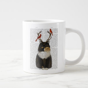 Grande Tasse Tortoiseshell Cat with Antlers and Red Birds