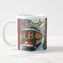 Tramway de Noël vintage dans une ville enneigée