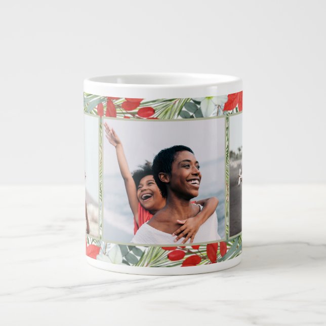 Grande Tasse Vacances Poinsettia et verdure Trois photos (Devant)