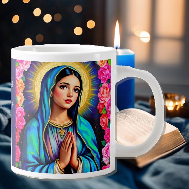 Grande Tasse Vierge Marie Prière Rose Floral Blue Café (Créateur téléchargé)