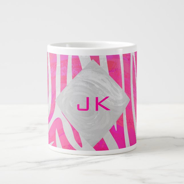 Grande Tasse Zebra Hot rose et blanc avec Monogramme (Devant)