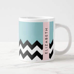Grande Tasse Zigzag noir et blanc, Chevron, Bleu, Votre nom
