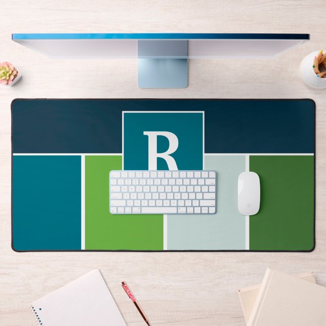 Grandes bandes en bleu et vert avec Monogrammes (Desk mat with monogram in blue and green)
