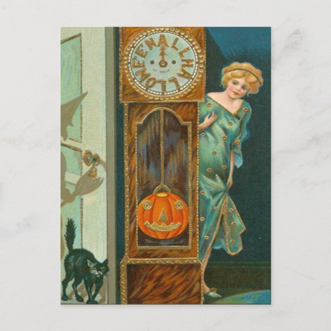 Grandfather Clock Black Cat Witch Pumpkin Postcard (Front)