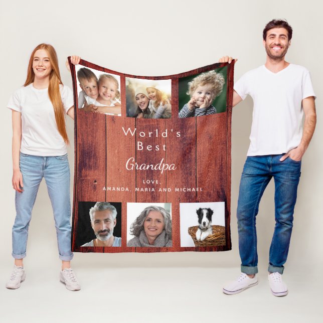 Grandfather photo collage rustic brown wood fleece blanket (In Situ)