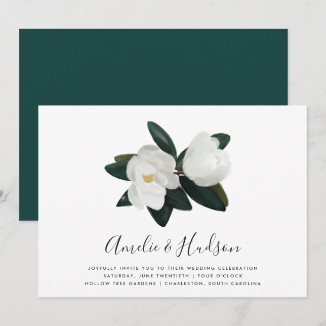 Grandiflora | White Magnolia Wedding Invitation (Front/Back)