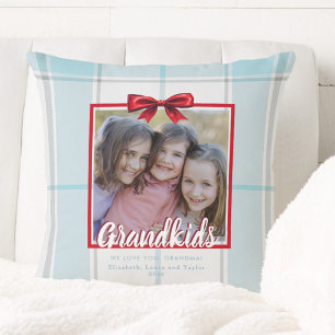 Grandkids Blue Plaid Bow Christmas Holiday Photo Throw Pillow