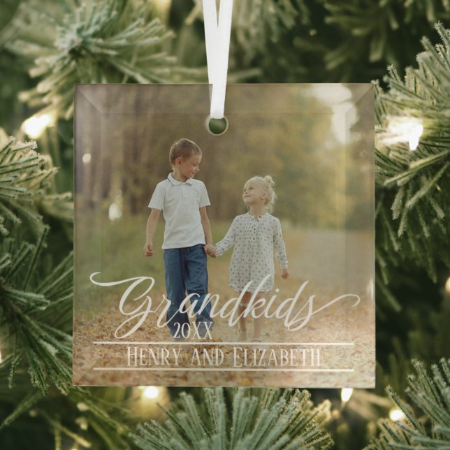 Grandkids Elegant Christmas Photo Personalized Glass Ornament (Insitu)