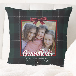 Grandkids Green Plaid Bow Christmas Holiday Photo Throw Pillow