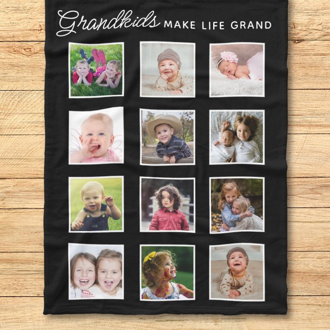Grandkids Make Life Grand 12 Photo Collage Black Fleece Blanket (Creator Uploaded)