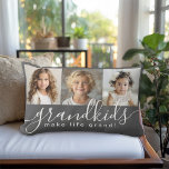 Grandkids Make Life Grand 3 Photo Collage Grey Lumbar Pillow<br><div class="desc">A thoughtful gift for grandparents, this lumbar pillow design features a 3-photo template to personalize with photos of the grandchildren. A combination of modern handwritten script combined with a modern sans serif font spell out "grandkids make life grand!" The background is a trendy grey that has a cozy vibe. Create...</div>