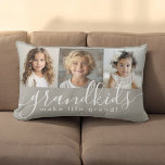 Grandkids Make Life Grand 3 Photo Collage Lumbar Pillow<br><div class="desc">A thoughtful gift for grandparents, this lumbar pillow design features a 3-photo template to personalize with photos of the grandchildren. A combination of modern handwritten script combined with a modern sans serif font spell out "grandkids make life grand!" The background is a neutral taupe beige that has a cozy vibe....</div>