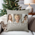 Grandkids Make Life Grand 3 Photo Collage Throw Pillow<br><div class="desc">A thoughtful gift for grandparents, this personalized pillow design features a 3-photo template to personalize with photos of the grandchildren. A combination of modern handwritten script combined with a modern sans serif font spell out "grandkids make life grand!" The background is a neutral taupe beige that has a cozy vibe....</div>