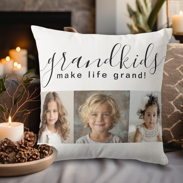 Grandkids Make Life Grand 3 Photos Throw Pillow (Creator Uploaded)