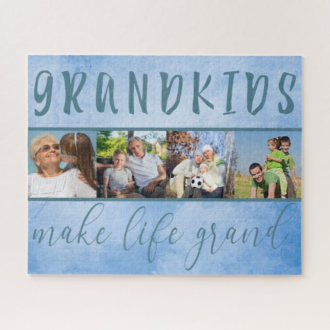 Grandkids Make Life Grand 4 Photo Collage Blue Jigsaw Puzzle (Horizontal)