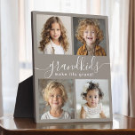 Grandkids Make Life Grand 4 Photo Collage Plaque<br><div class="desc">A thoughtful gift for grandparents, this personalized photo collage plaque features a 4-photo template to personalize with photos of the grandchildren. A combination of modern handwritten script combined with a modern sans serif font spell out "grandkids make life grand!" The background is a neutral taupe beige that has a cozy...</div>