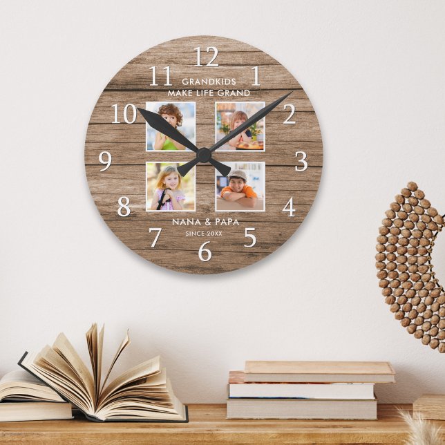 Grandkids Make Life Grand 4 Photo Collage Wood Round Clock (Creator Uploaded)