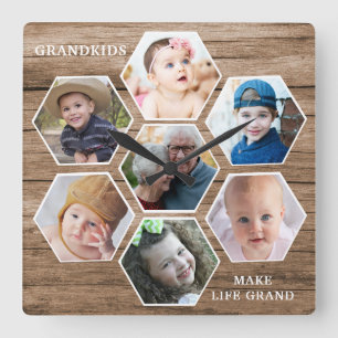 Grandkids Make Life Grand 7 Photo Collage Wood Square Wall Clock