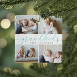 Grandkids Make Life Grand | 8 Mini Photo Ceramic Ornament<br><div class="desc">Create a sweet gift for a beloved grandma or grandpa with this beautiful collage photo ornament. "Grandkids make life grand" appears in the centre in aqua calligraphy lettering. Customize with 8 mini rectangular photos of their grandchildren,  and add their names and the year to the back.</div>