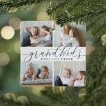 Grandkids Make Life Grand | 8 Mini Photo Ceramic Ornament<br><div class="desc">Create a sweet gift for a beloved grandma or grandpa with this beautiful collage photo ornament. "Grandkids make life grand" appears in the centre in navy blue calligraphy lettering. Customize with 8 mini rectangular photos of their grandchildren,  and add their names and the year to the back.</div>