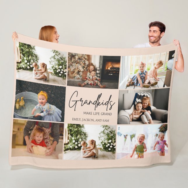 Grandkids Make Life Grand 8 Photo Collage Fleece Blanket (In Situ)