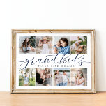 Grandkids Make Life Grand | 8 Photo Collage Poster<br><div class="desc">Create a sweet gift for a beloved grandma or grandpa with this beautiful photo collage print. "Grandkids make life grand" appears in the centre in navy blue and grey calligraphy script lettering. Customize with 8 photos of their grandchildren for a unique gift for Grandparents Day,  holidays,  or birthdays.</div>