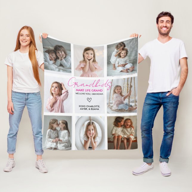 Grandkids Make Life Grand Grandma 8-Photo Custom  Fleece Blanket (In Situ)