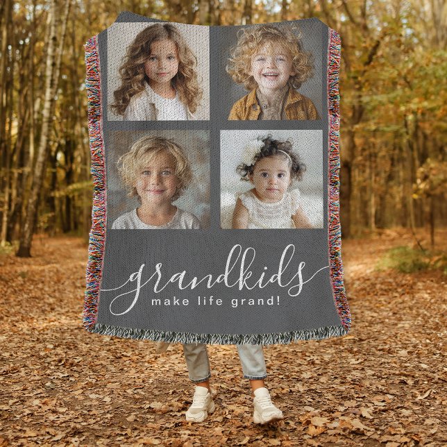 Grandkids Make Life Grand Photo Collage Grey Throw Blanket (A great gift idea for Grandparents, personalize with any 4 photos.)