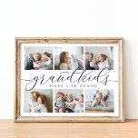 Grandkids Make Life Grand | Photo Collage Poster<br><div class="desc">Create a sweet gift for a beloved grandma or grandpa with this beautiful photo collage print. "Grandkids make life grand" appears in the centre in navy blue and grey calligraphy script lettering. Customize with six photos of their grandchildren for a unique gift for Grandparents Day,  holidays,  or birthdays.</div>