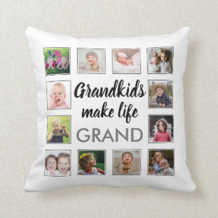 Grandkids Make Life Grand Quote 12 Photo Collage   Throw Pillow