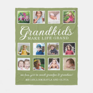 Grandkids Make Life Grand Quote 12 Photo Green Fleece Blanket
