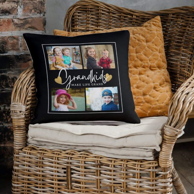 Grandkids Make Life Grand Quote 4 Photo Collage   Throw Pillow (Creator Uploaded)