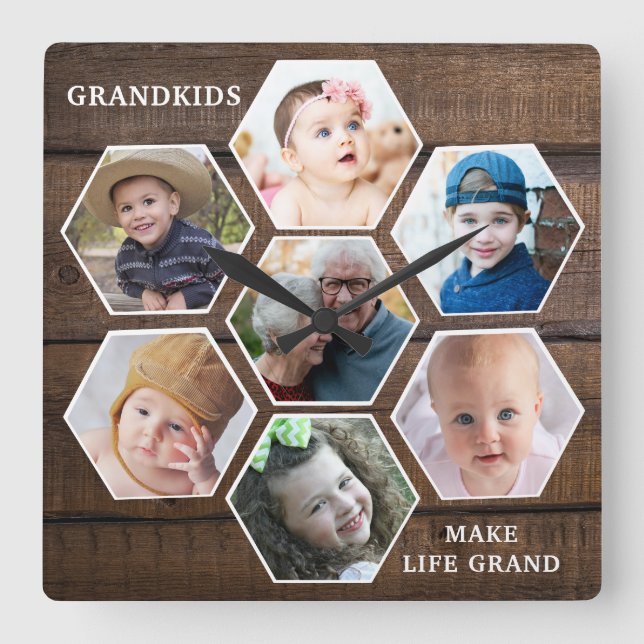 Grandkids Make Life Grand Quote 7 Photo Wood Square Wall Clock (Front)