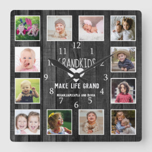 Grandkids Make Life Grand Quote Black Wood Photo Square Wall Clock