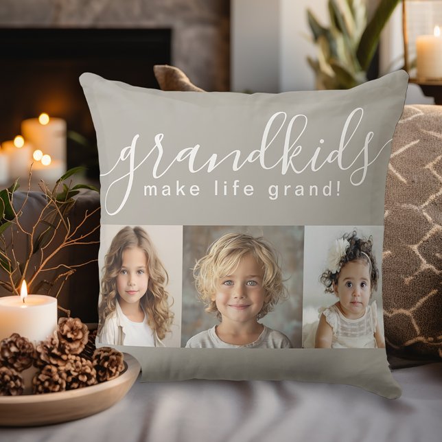 Grandkids Make Life Grand with 3 Photos Throw Pillow (Creator Uploaded)