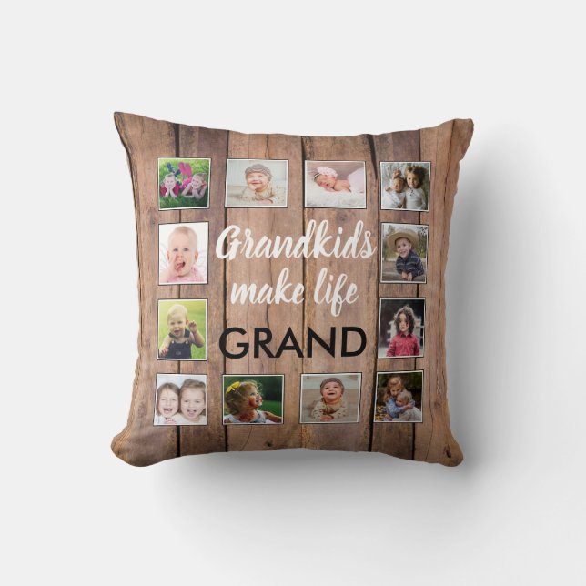 Grandkids Quote Rustic Wood 12 Photo Collage Throw Pillow (Front)