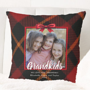 Grandkids Red Bow Tartan Christmas Holiday Photo Throw Pillow