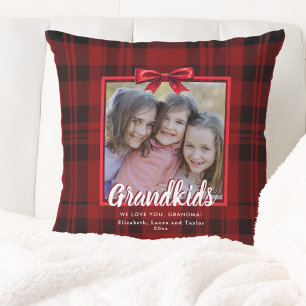 Grandkids Red Plaid Bow Christmas Holiday Photo Throw Pillow