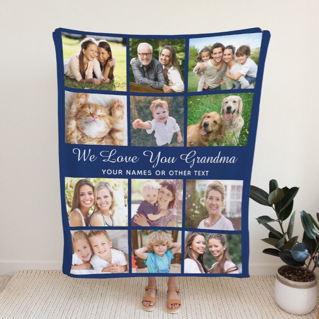 Grandma 12 Photo Collage Blue Fleece Blanket (Creator Uploaded)