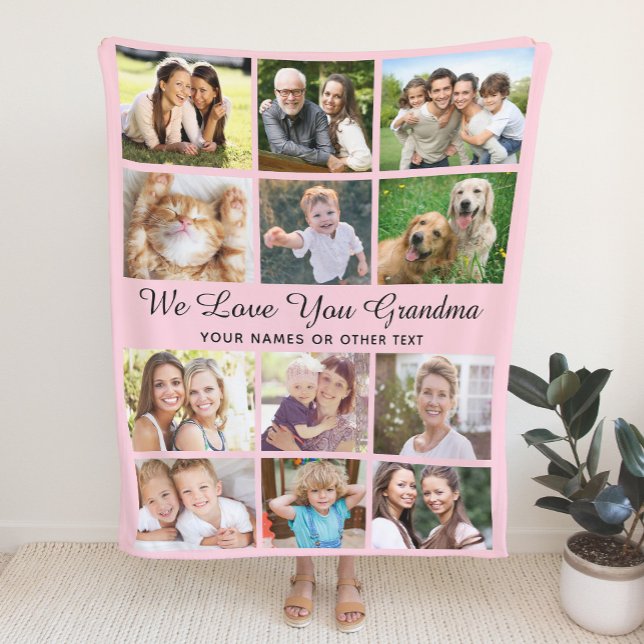 Grandma 12 Photo Collage Pink Fleece Blanket (Creator Uploaded)