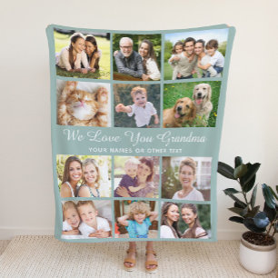 Grandma 12 Photo Collage Sage Green Fleece Blanket