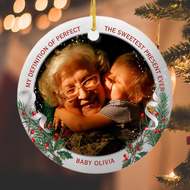 Grandma 1st Christmas Classic Silver Plant Frame   Ceramic Ornament (Creator Uploaded)
