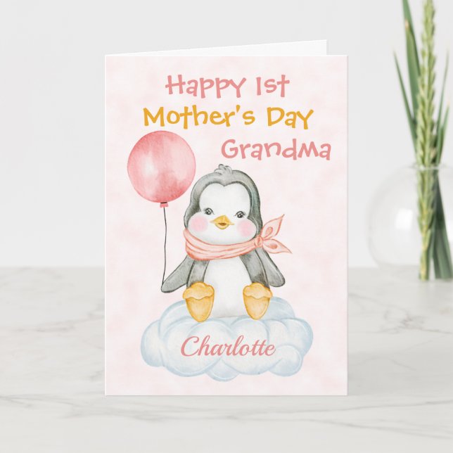 Grandma 1st Mother's Day Penguin Pink Card (Front)