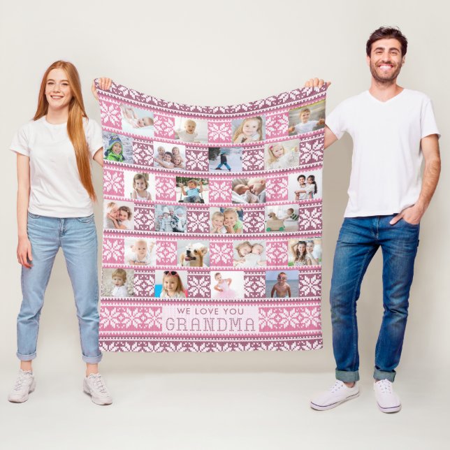 Grandma 24 Photo Cute Snowflake Sweater Pink Fleece Blanket (In Situ)