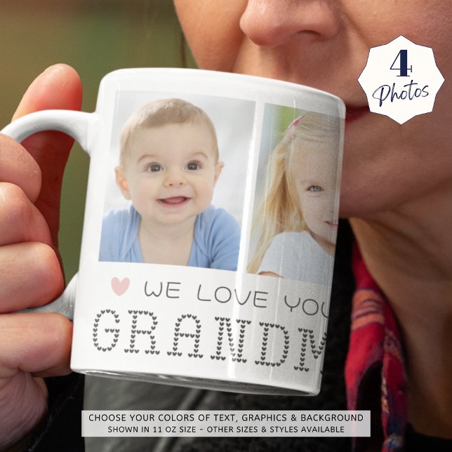 Grandma 4 Photos Pink Hearts Grey Coffee Mug (Creator Uploaded)