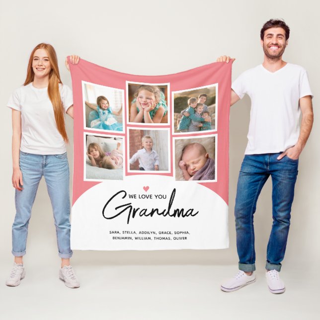 Grandma 6 Photo Script Pink Fleece Blanket (In Situ)