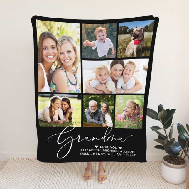 Grandma 7 Photo Collage Black Fleece Blanket (Creator Uploaded)