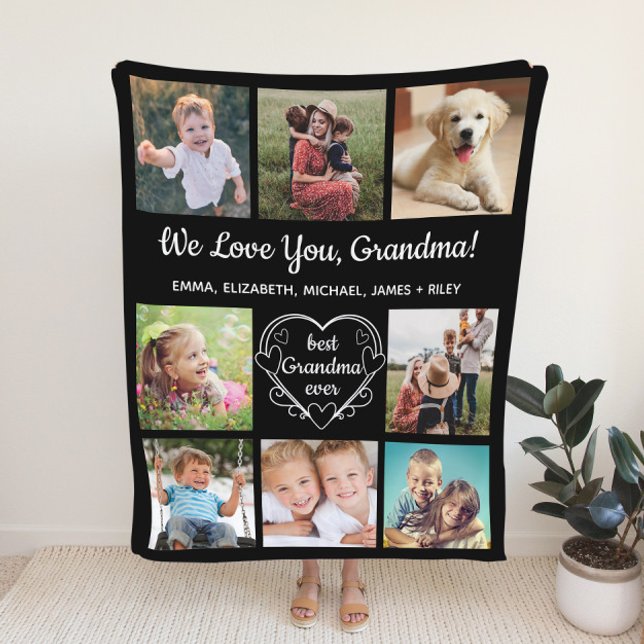 Grandma 8 Photo Collage Black Fleece Blanket (Creator Uploaded)