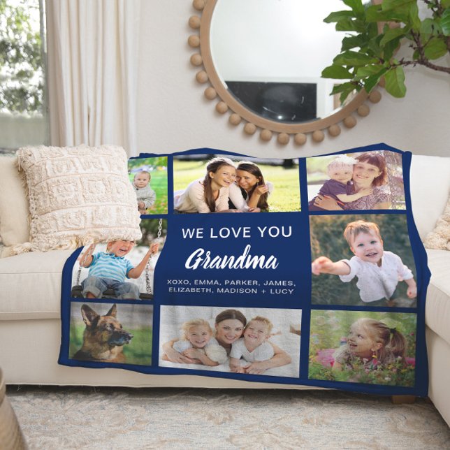 Grandma 8 Photo Collage Navy Blue Fleece Blanket (Creator Uploaded)