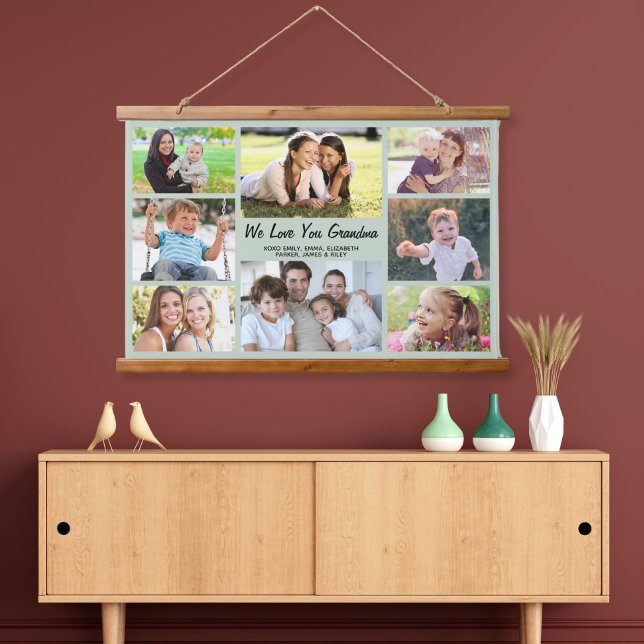 Grandma 8 Photo Collage Sage Green Hanging Tapestry (Creator Uploaded)